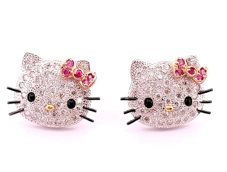 Earrings Sanrio Hello Kitty Diamond Sapphire 18k White Gold Cat Character Stud (1 of 7)