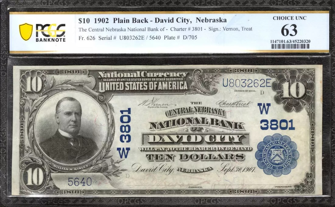 (262E) 1902 CENTRAL NEBRASKA NATIONAL BANKNOTE $10 DAVID CITY PCGS CU 63 TOP POP: (262E) 1902 CENTRAL NEBRASKA NATIONAL BANKNOTE $10 DAVID CITY PCGS CU 63 TOP POP This listing features (262E) 1902 CENTRAL NEBRASKA NATIONAL BANKNOTE $10 DAVID CITY PCGS CU 63 TOP POP. Item specifics