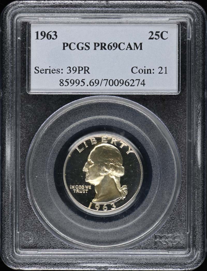 PR69CAM 1963 25C Washington Quarter PCGS: PR69CAM 1963 25C Washington Quarter PCGS This listing features PR69CAM 1963 25C Washington Quarter PCGS. Item specifics are provided below. Item Specifics: Certification: PCGS Certification Number: 70