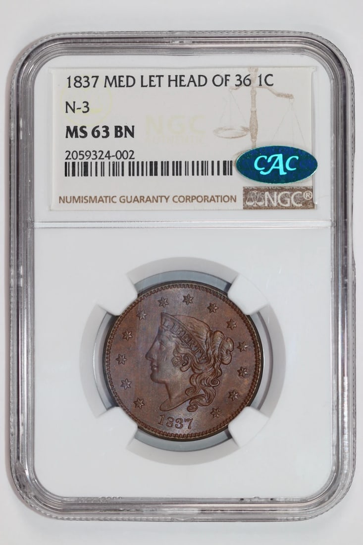 GORGEOUS - 1837 MEDIUM LETTERS HEAD OF 36 LARGE CENT NGC MS63 BN CAC: GORGEOUS - 1837 MEDIUM LETTERS HEAD OF 36 LARGE CENT NGC MS63 BN CAC This listing features GORGEOUS - 1837 MEDIUM LETTERS HEAD OF 36 LARGE CENT NGC MS63 BN CAC. Item specifics are provided below. Item