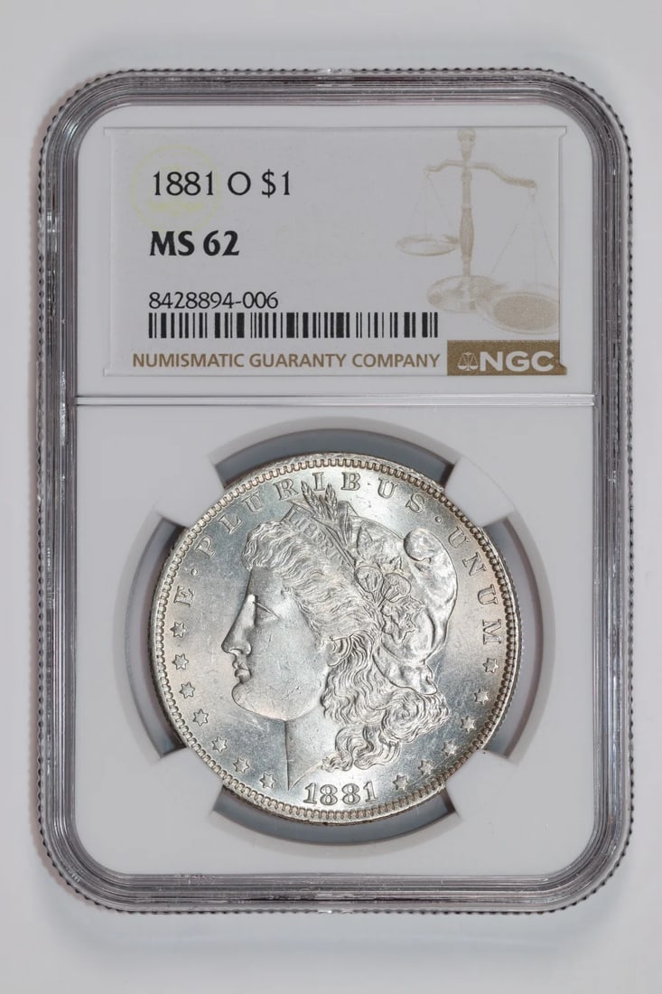 MS62 1881-O MORGAN DOLLAR NGC: MS62 1881-O MORGAN DOLLAR NGC This listing features MS62 1881-O MORGAN DOLLAR NGC. Item specifics are provided below. Item Specifics: Certification: NGC Composition: Silver Grade: MS 62 Year: 1881 Cir