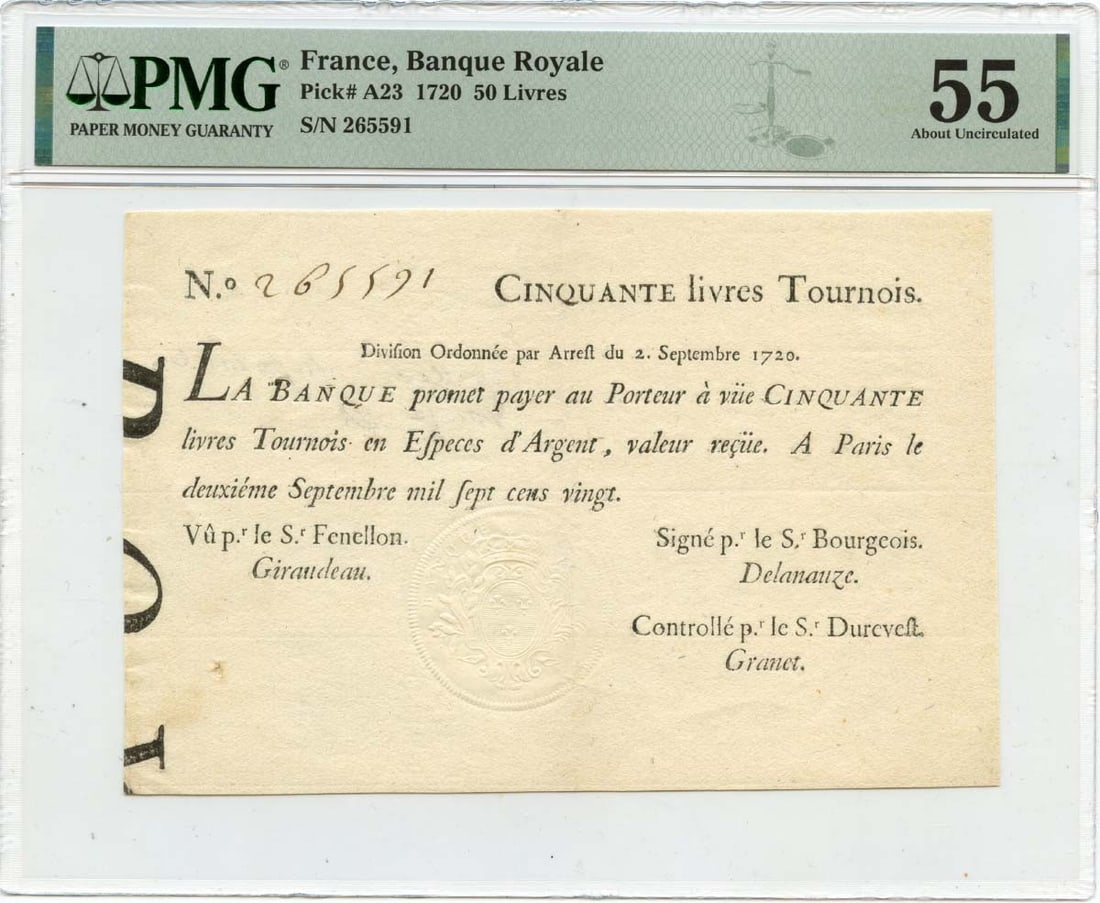 AU55 1720 Louisiana Colonial Note 50 Livres France Banque Royale Pick#A23 PMG (1 of 1)
