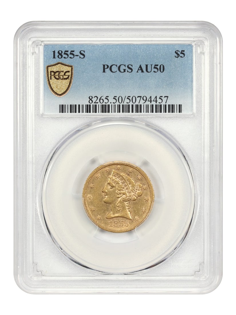Liberty Head $5 - 1855-S $5 PCGS AU50: Liberty Head $5 - 1855-S $5 PCGS AU50 This listing features Liberty Head $5 - 1855-S $5 PCGS AU50. Item specifics are provided below. Item Specifics: Certification: PCGS Certification Number: 50794457