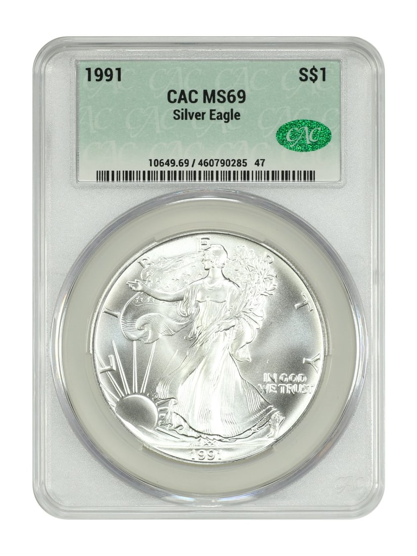 Silver Eagles - 1991 $1 Silver Eagle CACG MS69: Silver Eagles - 1991 $1 Silver Eagle CACG MS69 This listing features Silver Eagles - 1991 $1 Silver Eagle CACG MS69. Item specifics are provided below. Item Specifics: Certification: CACG Certificatio