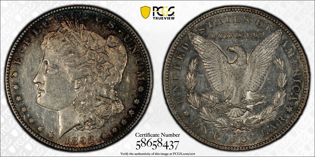 SEMI PL WITH NICE TONING - 1892-S MORGAN DOLLAR PCGS AU55 (1 of 3)