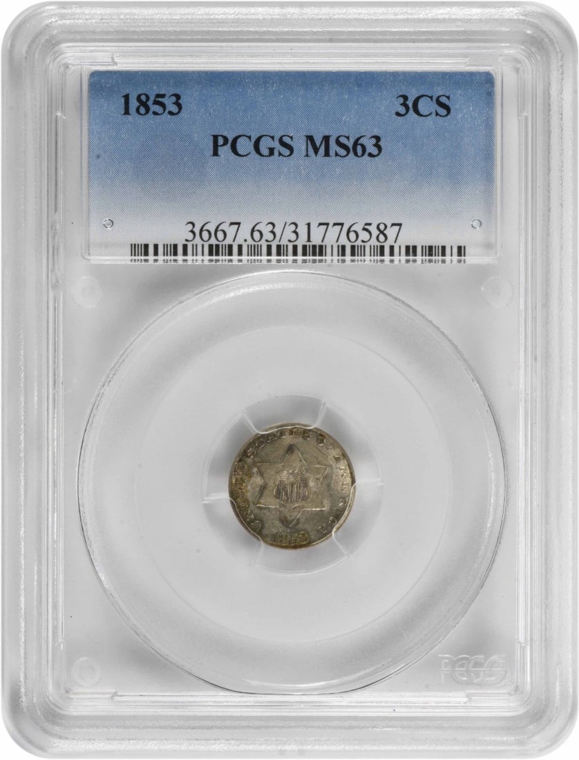 PCGS 1853 Three Cent Silver MS63: PCGS 1853 Three Cent Silver MS63 This listing features PCGS 1853 Three Cent Silver MS63. Item specifics are provided below. Item Specifics: Country Of Origin: United States Certification: PCGS Circula