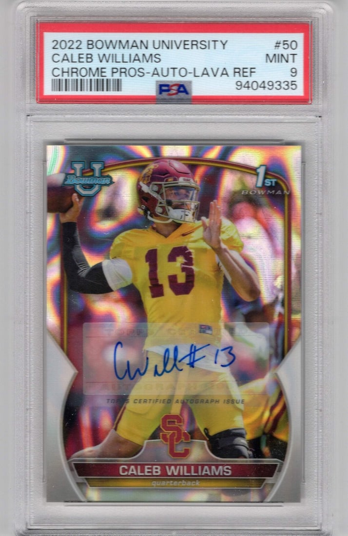 9 Caleb Williams 2022 Bowman University #50 Chrome Pros Auto Lava Refractor PSA (1 of 2)