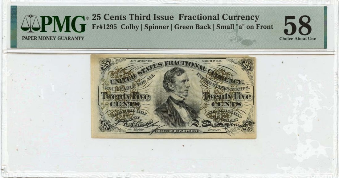 "a" Fractional Currency Third Issue 25 Cents FR#1295 PMG AU58 Small (1 of 1)