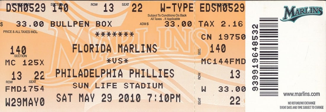2010 Full Ticket Marlins vs. Phillies Roy Halladay Perfect Game 201570 - May 29: 2010 Full Ticket Marlins vs. Phillies Roy Halladay Perfect Game 201570 - May 29 This listing features 2010 Full Ticket Marlins vs. Phillies Roy Halladay Perfect Game 201570 - May 29. Item specifics ar