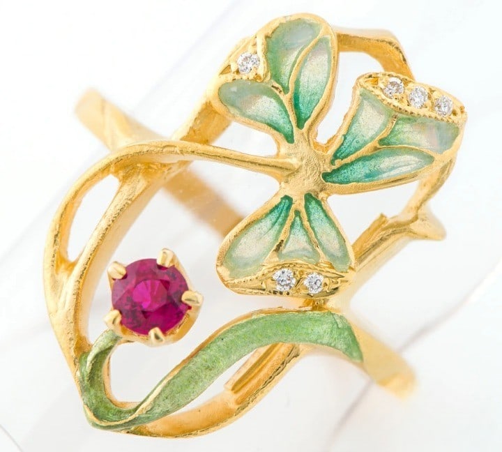 Gift Masriera Ruby Diamond Enamel 18k Yellow Gold Leaf Flower Cocktail Ring Box (1 of 6)