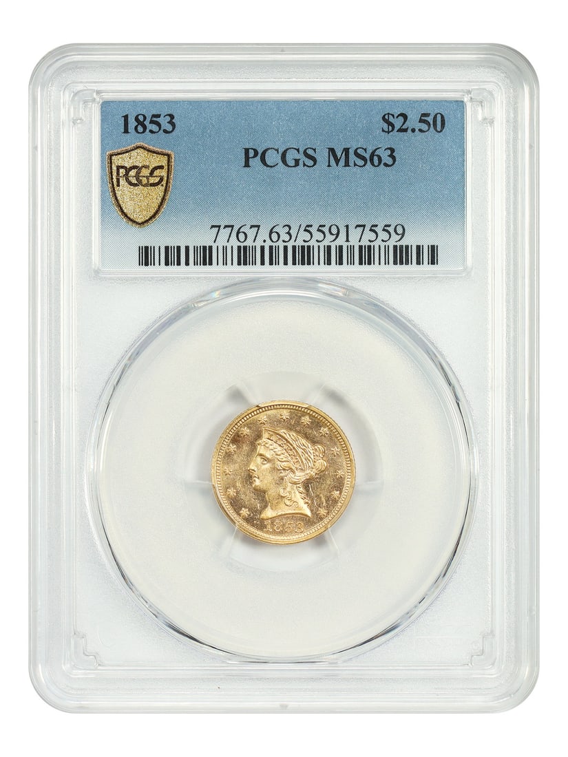 Liberty Head $2.5 - 1853 $2.50 PCGS MS63: Liberty Head $2.5 - 1853 $2.50 PCGS MS63 This listing features Liberty Head $2.5 - 1853 $2.50 PCGS MS63. Item specifics are provided below. Item Specifics: Certification: PCGS Certification Number: 55