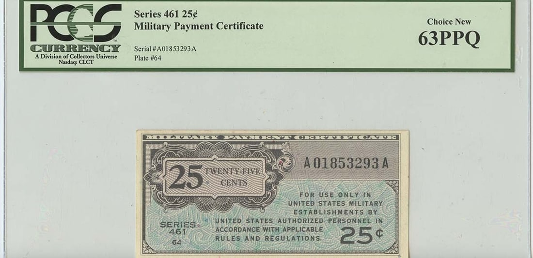PPQ Series 461 25 Cents Military Payments PCGS CH 63: PPQ Series 461 25 Cents Military Payments PCGS CH 63 This listing features PPQ Series 461 25 Cents Military Payments PCGS CH 63. Item specifics are provided below. Item Specifics: Certification: PCGS