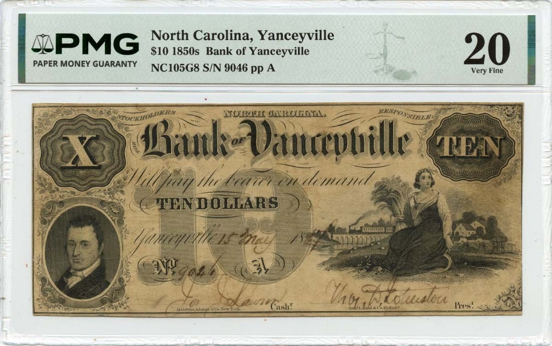 North Carolina Obsolete Note Bank of Yanceyville PMG VF20 - 1857 $10 Yanceyville (1 of 1)