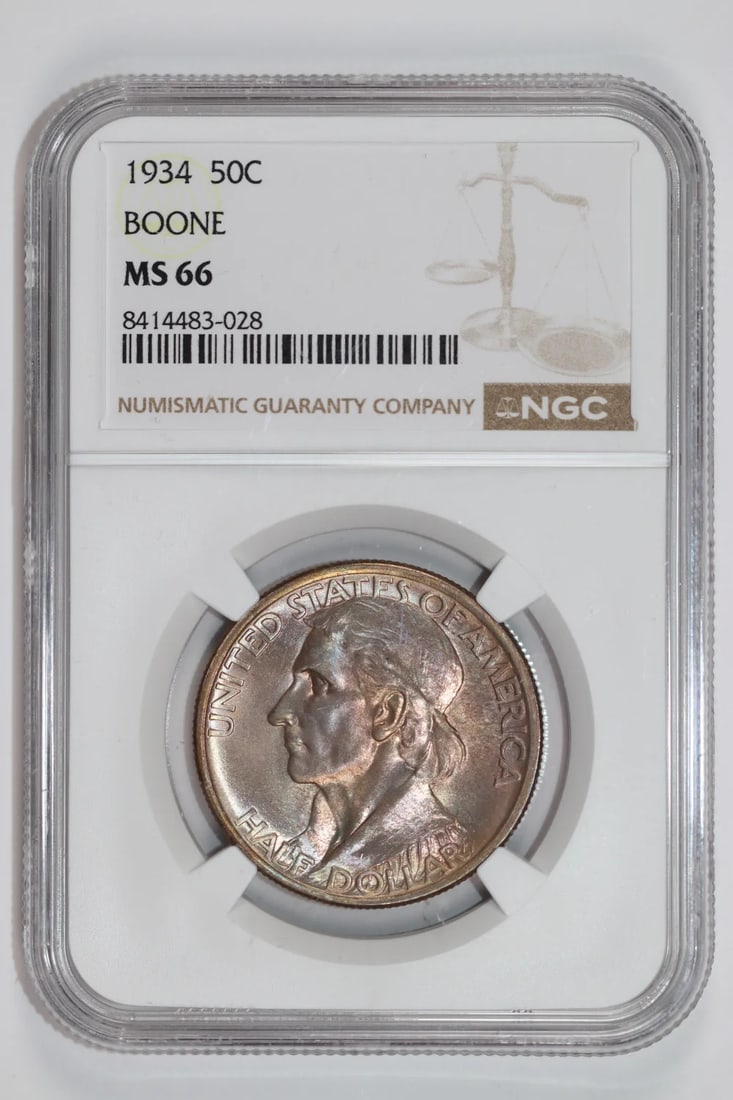 COLOR 1934 BOONE COMMEMORATIVE HALF DOLLAR NGC MS66 PRETTY: COLOR 1934 BOONE COMMEMORATIVE HALF DOLLAR NGC MS66 PRETTY This listing features COLOR 1934 BOONE COMMEMORATIVE HALF DOLLAR NGC MS66 PRETTY. Item specifics are provided below. Item Specifics: