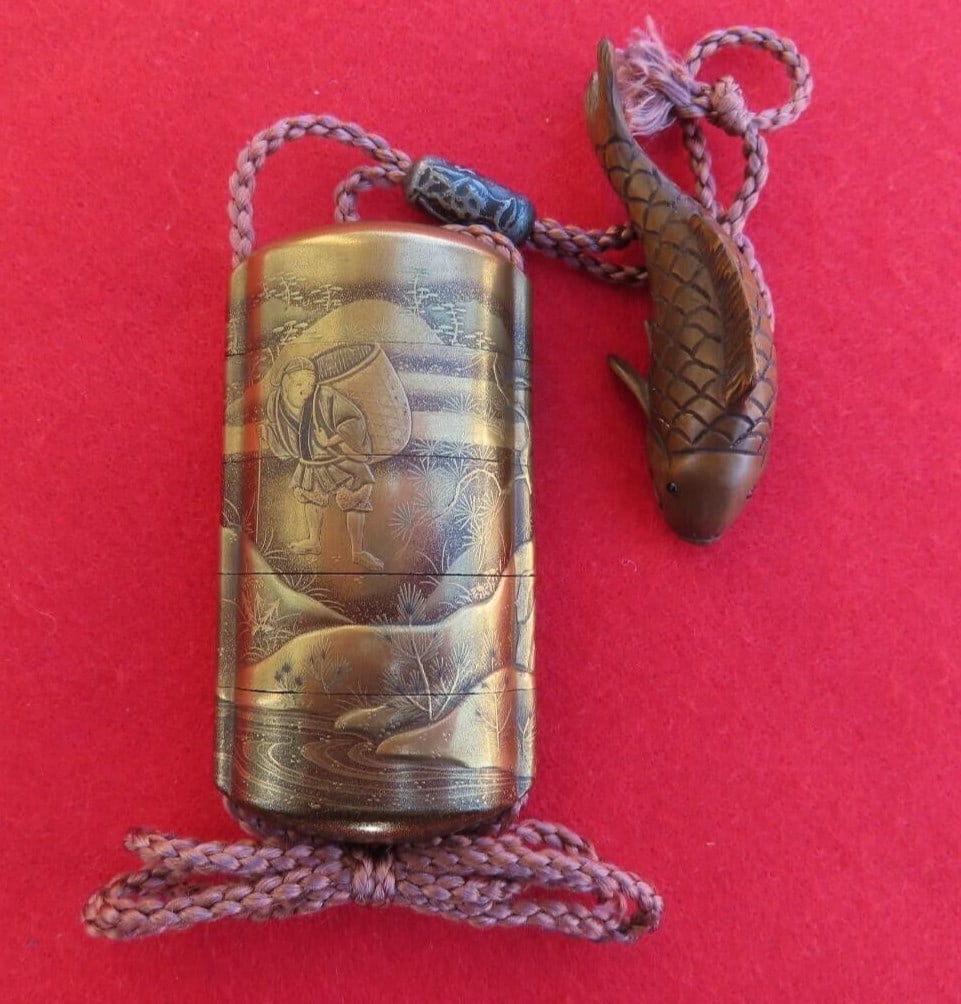 Shokasai Japanese Antique Momotaro Gold Makie Lacquered Wood Inro Signed by (1 of 10)