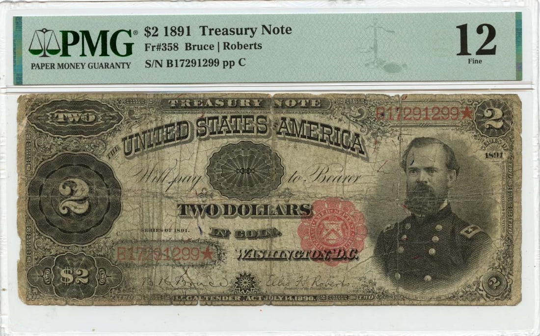 F12 1891 $2 Treasury Note Small Red Scalloped Fr# 358 PMG (1 of 1)