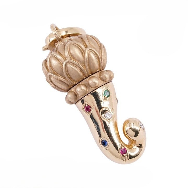 Charm Chantecler Cornet Ruby Sapphire Emerald Diamond 9k Gold Pendant Necklace: Charm Chantecler Cornet Ruby Sapphire Emerald Diamond 9k Gold Pendant Necklace This listing features Charm Chantecler Cornet Ruby Sapphire Emerald Diamond 9k Gold Pendant Necklace. Item specifics are