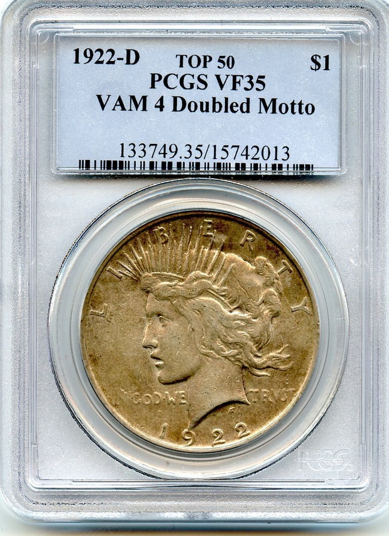 VF35 C8418- 1922-D VAM-4 DOUBLED MOTTO TOP 50 PEACE DOLLAR PCGS: VF35 C8418- 1922-D VAM-4 DOUBLED MOTTO TOP 50 PEACE DOLLAR PCGS This listing features VF35 C8418- 1922-D VAM-4 DOUBLED MOTTO TOP 50 PEACE DOLLAR PCGS. Item specifics are provided below. Item