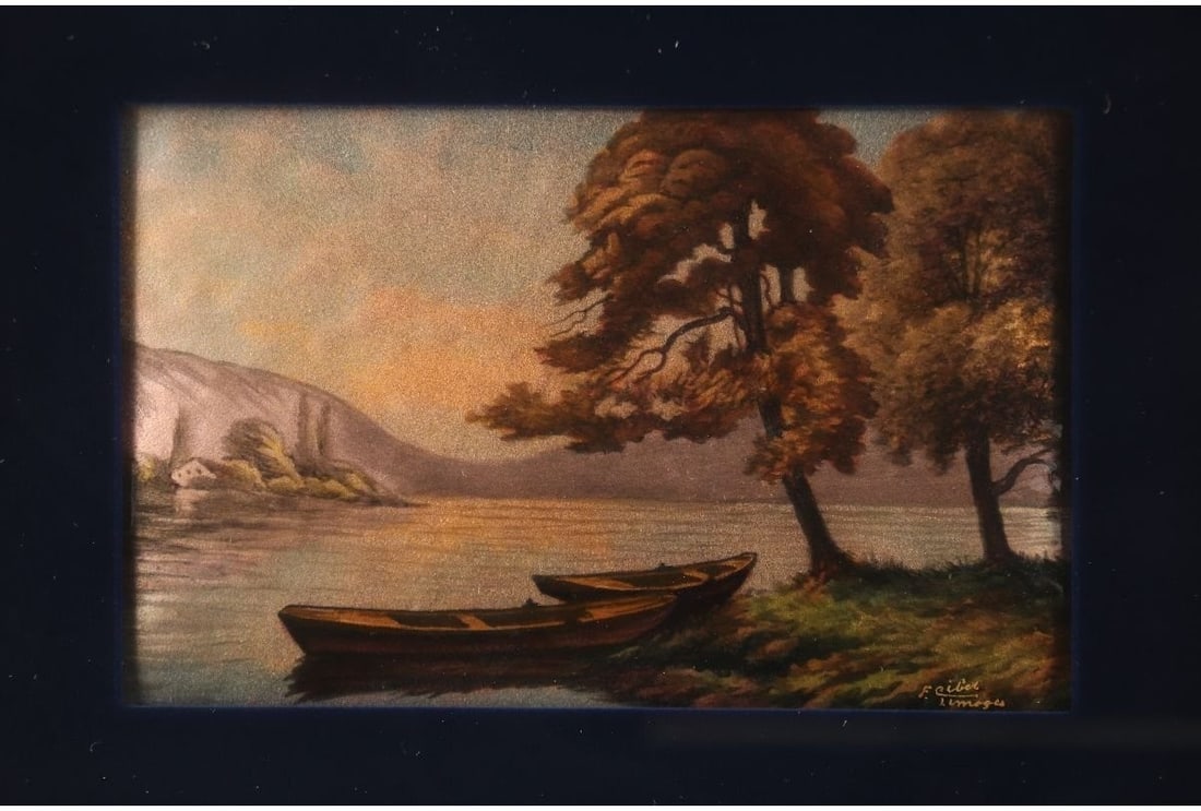France 19thC Limoges Enamel Miniature by F. Cibol Lake Landscape Boats (1 of 10)