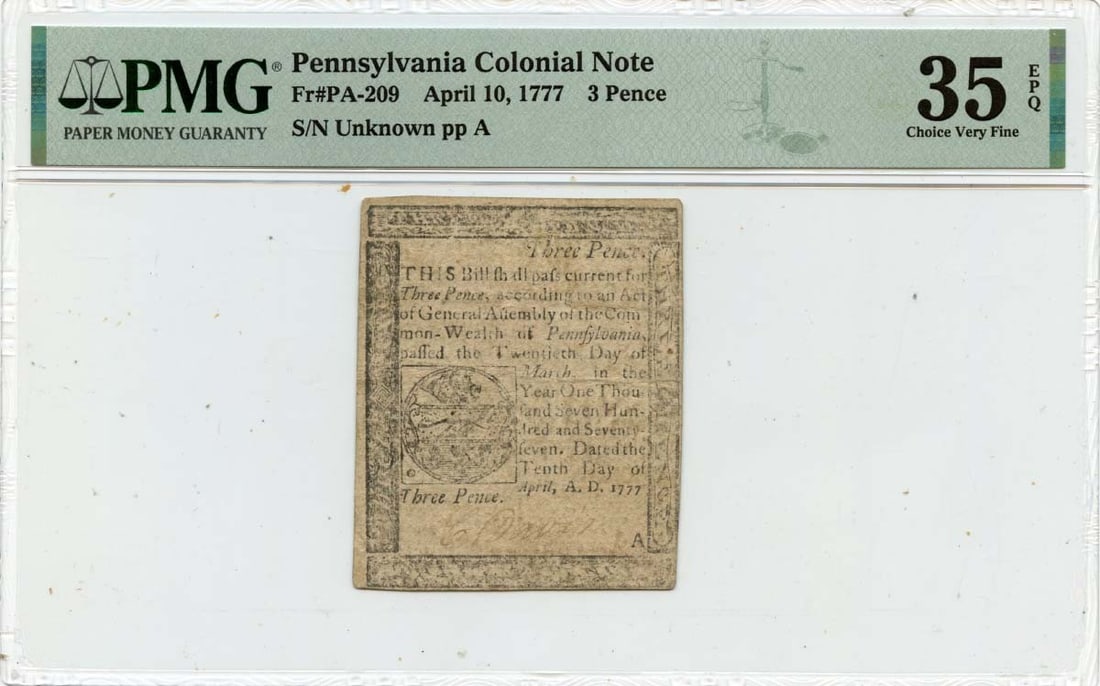3 Pence Pennsylvania Colonial Note FR#PA-209 PMG VF35 EPQ - 1777 April 10 (1 of 1)