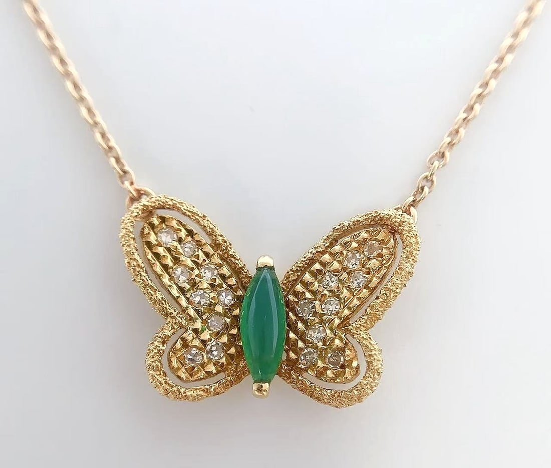 Necklace Vintage Van Cleef & Arpels Emerald Diamond 18k Yellow Gold Butterfly (1 of 11)
