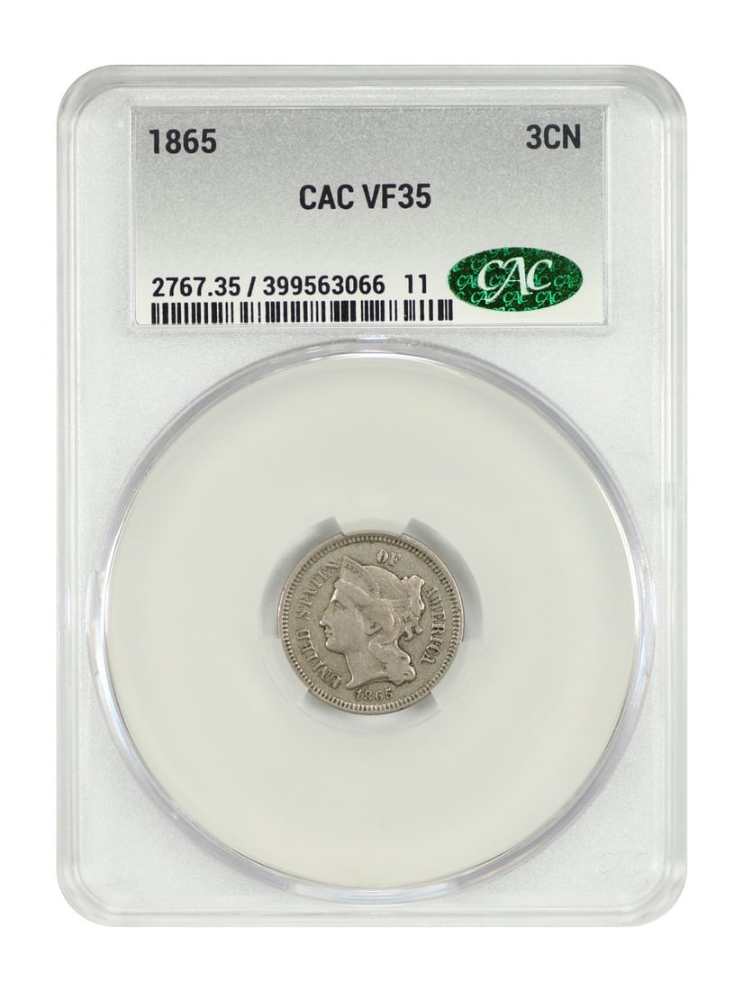 Three Cent Nickel - 1865 3CN CACG VF35: Three Cent Nickel - 1865 3CN CACG VF35 This listing features Three Cent Nickel - 1865 3CN CACG VF35. Item specifics are provided below. Item Specifics: Certification: CACG Certification Number: