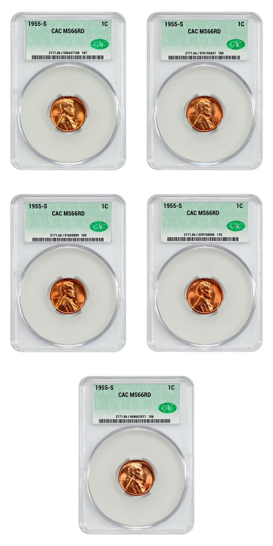 Lincoln Cent (Wheat Reverse) - Lot of: (5) 1955-S 1C CACG MS66RD (1 of 4)