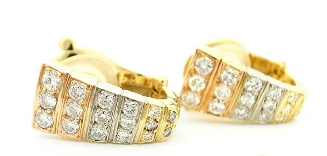 Earrings Vintage Van Cleef & Arpels 18k Tri Color Gold 1.36ct Diamond Huggie (1 of 7)