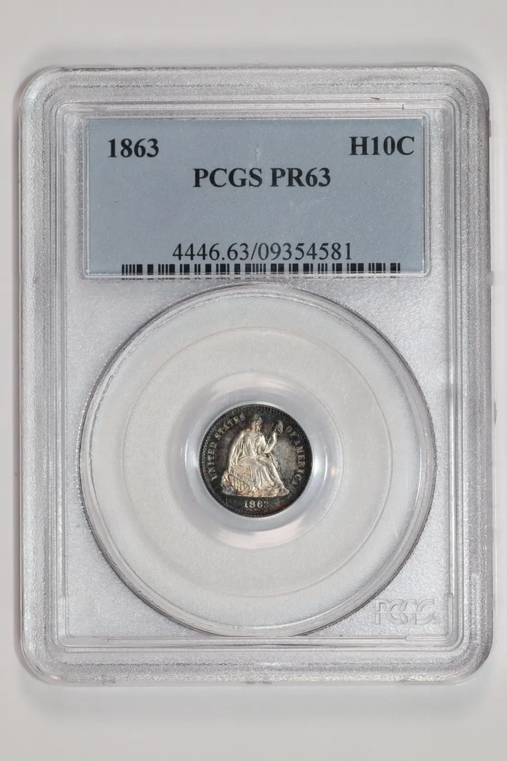 ORIGINAL 1863 PROOF SEATED LIBERTY HALF DIME PCGS PR63 CRUSTY: ORIGINAL 1863 PROOF SEATED LIBERTY HALF DIME PCGS PR63 CRUSTY This listing features ORIGINAL 1863 PROOF SEATED LIBERTY HALF DIME PCGS PR63 CRUSTY. Item specifics are provided below. Item Specifics: