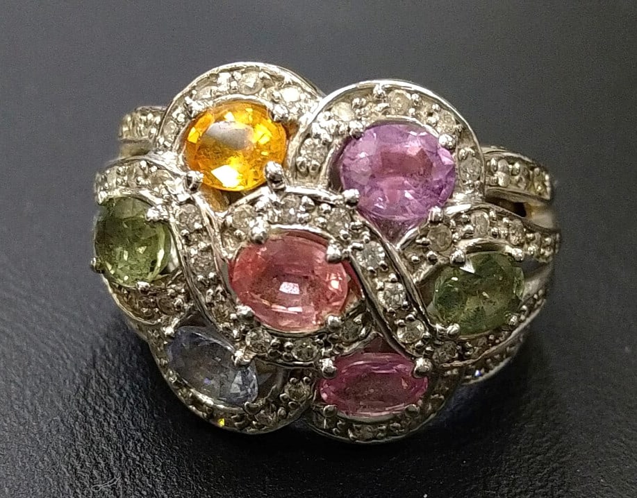 Ring Vintage Le Vian LeVian Multi Color Sapphire Diamond 14k White Gold Wide (1 of 5)