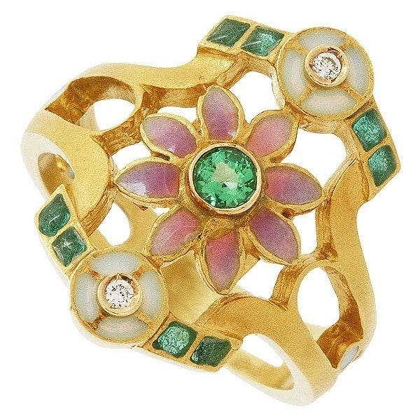 Paper Masriera Flower 18k Yellow Gold Enamel Emerald Diamond Cocktail Ring with (1 of 6)
