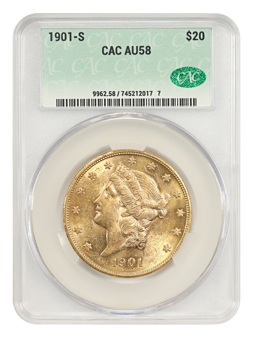 Liberty Head $20 - 1901-S $20 CACG AU58: Liberty Head $20 - 1901-S $20 CACG AU58 This listing features Liberty Head $20 - 1901-S $20 CACG AU58. Item specifics are provided below. Item Specifics: Certification: CACG Certification Number: 7452