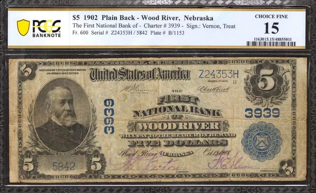 (353H) 1902 $5 FIRST NATIONAL BANKNOTE CURRENCY WOOD RIVER NEBRASKA PCGS 15 FINE: (353H) 1902 $5 FIRST NATIONAL BANKNOTE CURRENCY WOOD RIVER NEBRASKA PCGS 15 FINE This listing features (353H) 1902 $5 FIRST NATIONAL BANKNOTE CURRENCY WOOD RIVER NEBRASKA PCGS 15 FINE. Item specifics