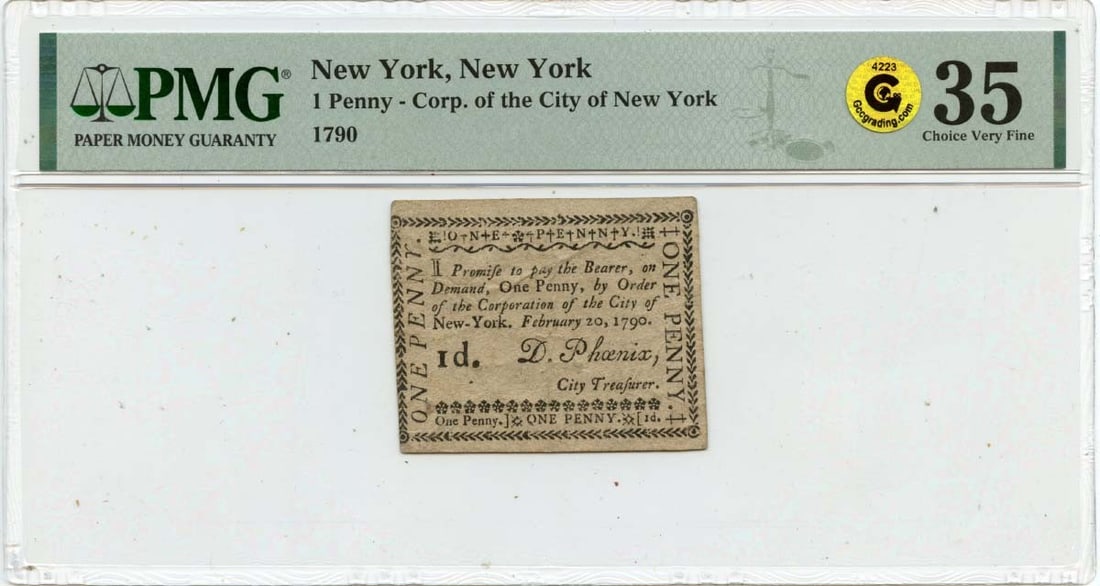 Gold 1790 1 Penny New York Colonial Note City of New York FR#NY-238 PMG VF35 GCC: Gold 1790 1 Penny New York Colonial Note City of New York FR#NY-238 PMG VF35 GCC This listing features Gold 1790 1 Penny New York Colonial Note City of New York FR#NY-238 PMG VF35 GCC. Item specifics