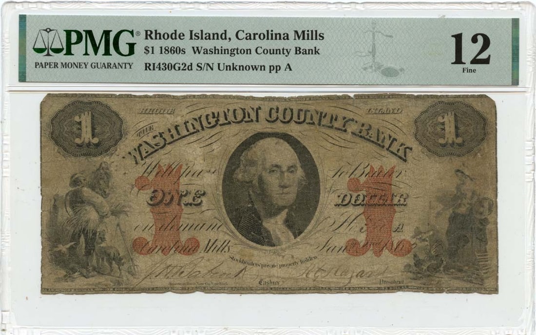 F12 1860 $1 Carolina Mills Rhode Island Obsolete Note Washington County Bank PMG (1 of 1)