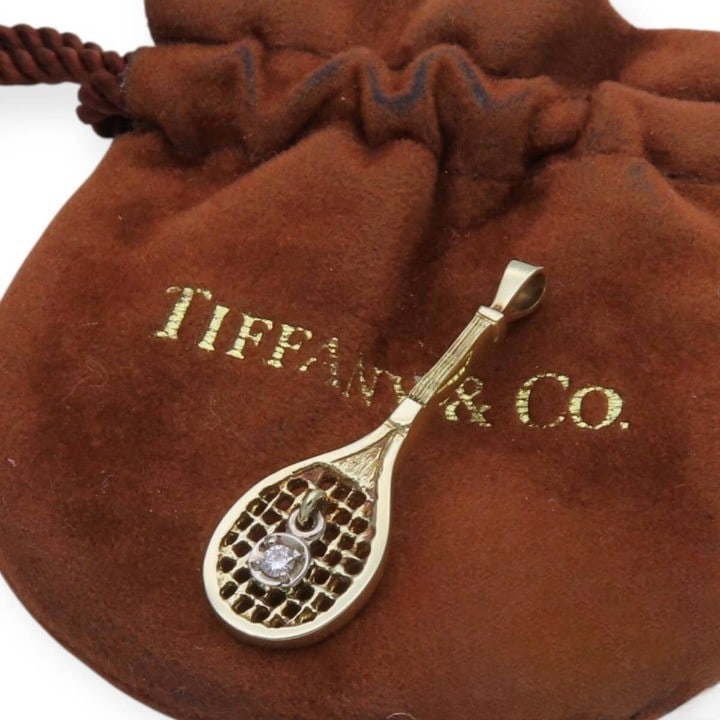 Pendant Vintage Tiffany & Co Tennis Racket Diamond 14k Yellow Gold Necklace Top (1 of 4)