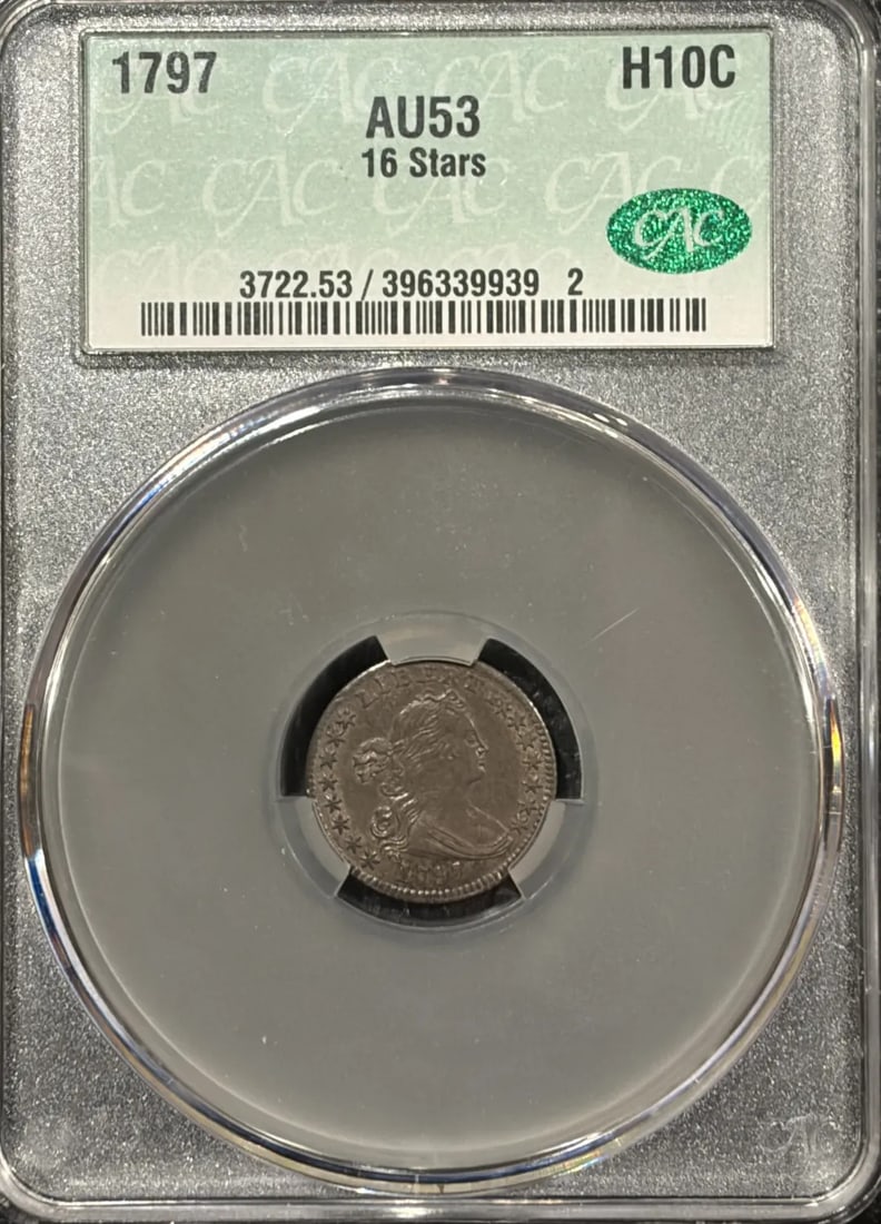 AU53 1797 16 STARS DRAPED BUST HALF DIME CACG: AU53 1797 16 STARS DRAPED BUST HALF DIME CACG This listing features AU53 1797 16 STARS DRAPED BUST HALF DIME CACG. Item specifics are provided below. Item Specifics: Certification: CAC Composition: