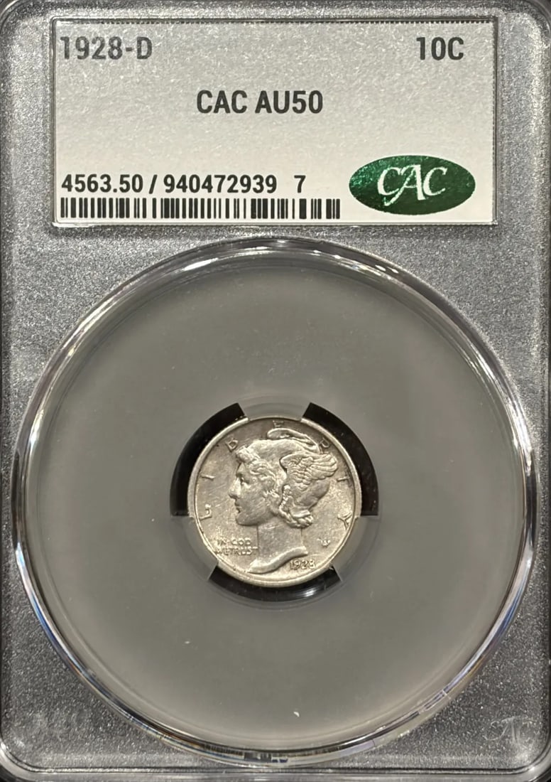 AU50 1928-D MERCURY DIME CACG: AU50 1928-D MERCURY DIME CACG This listing features AU50 1928-D MERCURY DIME CACG. Item specifics are provided below. Item Specifics: Certification: CAC Composition: Silver Grade: AU 50 Year: 1928 Cir