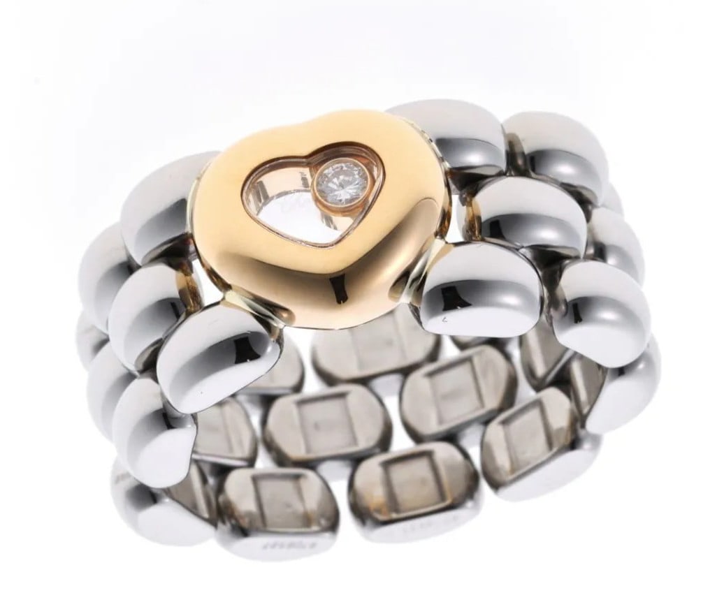 Polished Chopard Happy Diamond Heart 18K Gold SS Panther Link Ring US6.5 EU52.5 (1 of 4)