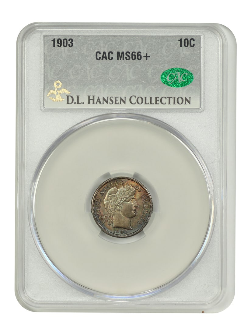 Barber Dime - 1903 10C CACG MS66+ ex: D.L. Hansen: Barber Dime - 1903 10C CACG MS66+ ex: D.L. Hansen This listing features Barber Dime - 1903 10C CACG MS66+ ex: D.L. Hansen. Item specifics are provided below. Item Specifics: Certification: CACG Certif