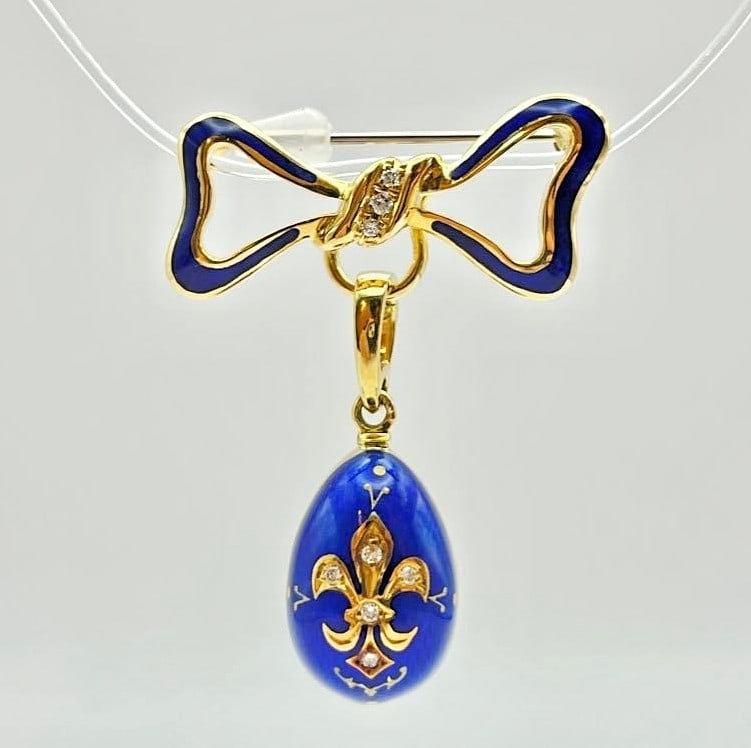 Brooch Faberge Blue Enamel Easter Egg 18k Yellow Gold Diamond Pendant Charm Bow (1 of 7)