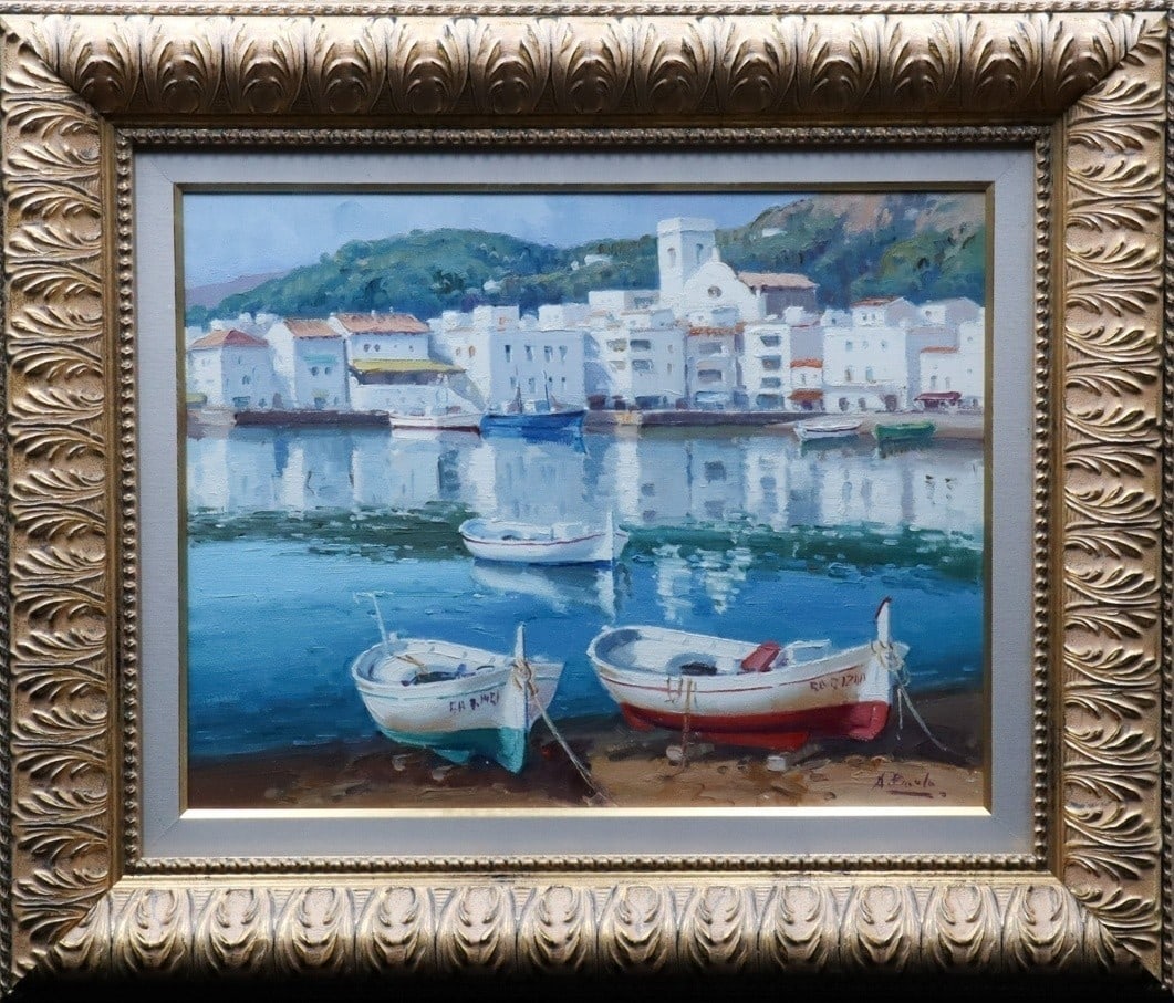 Framed Agustin Pardo Original Oil Painting Sunday Silence Boats Harbor Spain F6 (1 of 10)