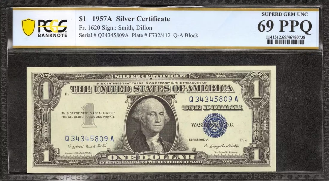(809A 1957 A $1 SILVER CERTIFICATE FR.1620 SMITH DILLON QA BLOCK PCGS UNC 69 PPQ (1 of 2)
