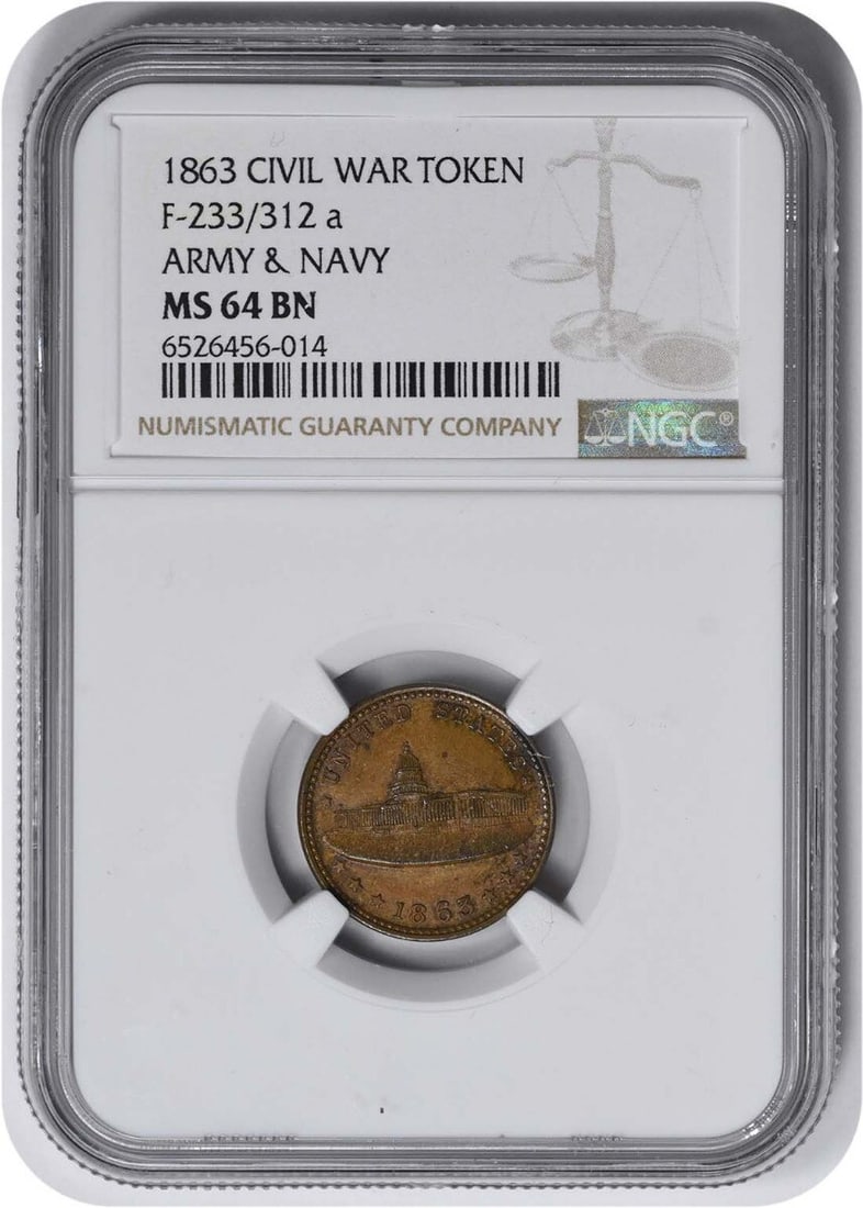 NGC 1863 Civil War Token Army & Navy 233/ 312a MS64BN: NGC 1863 Civil War Token Army & Navy 233/ 312a MS64BN This listing features NGC 1863 Civil War Token Army & Navy 233/ 312a MS64BN. Item specifics are provided below. Item Specifics: Circulated/Uncircu