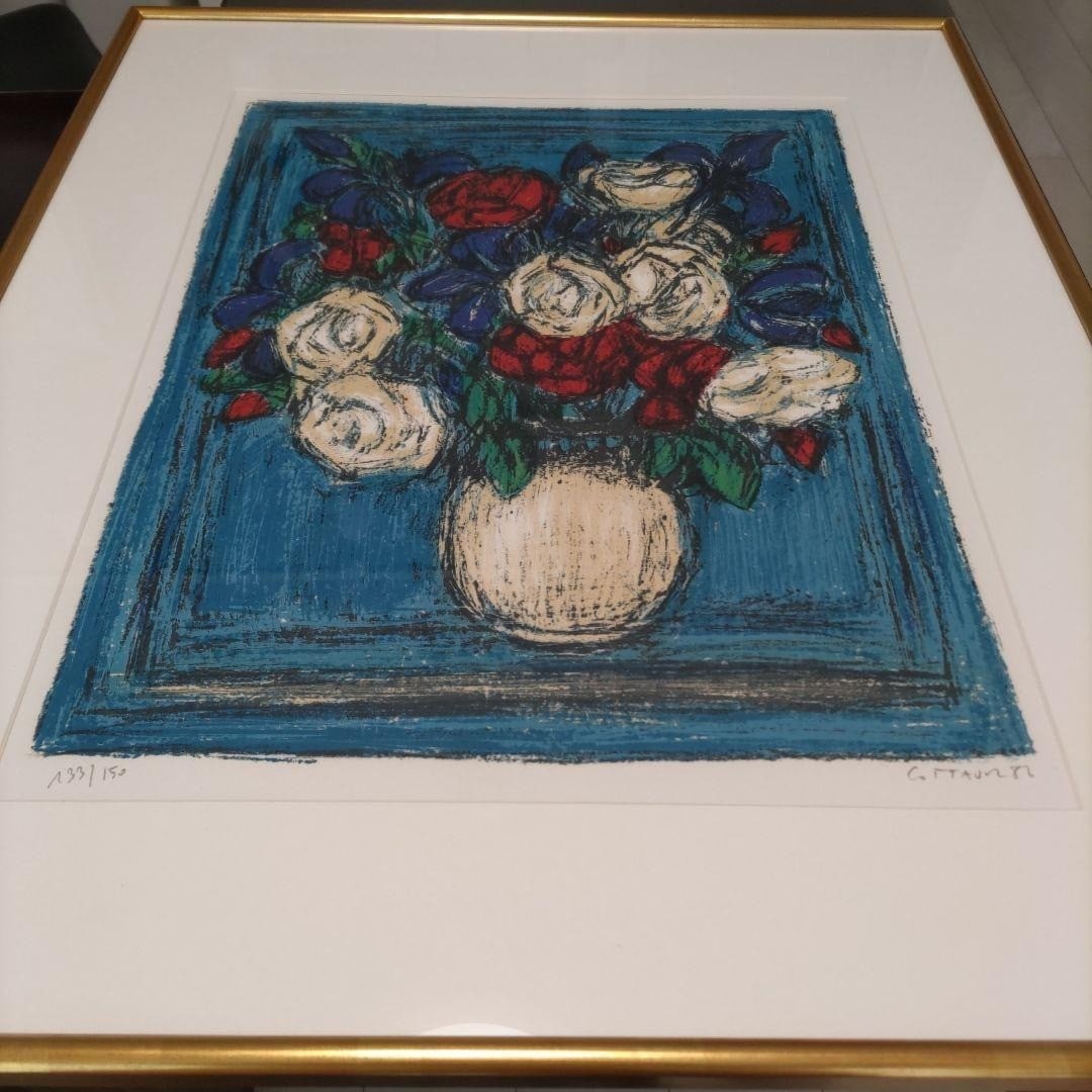 Framed Andre Cottavoz Roses On a Blue Background Lithograph Signed ED 133/ 150 (1 of 6)