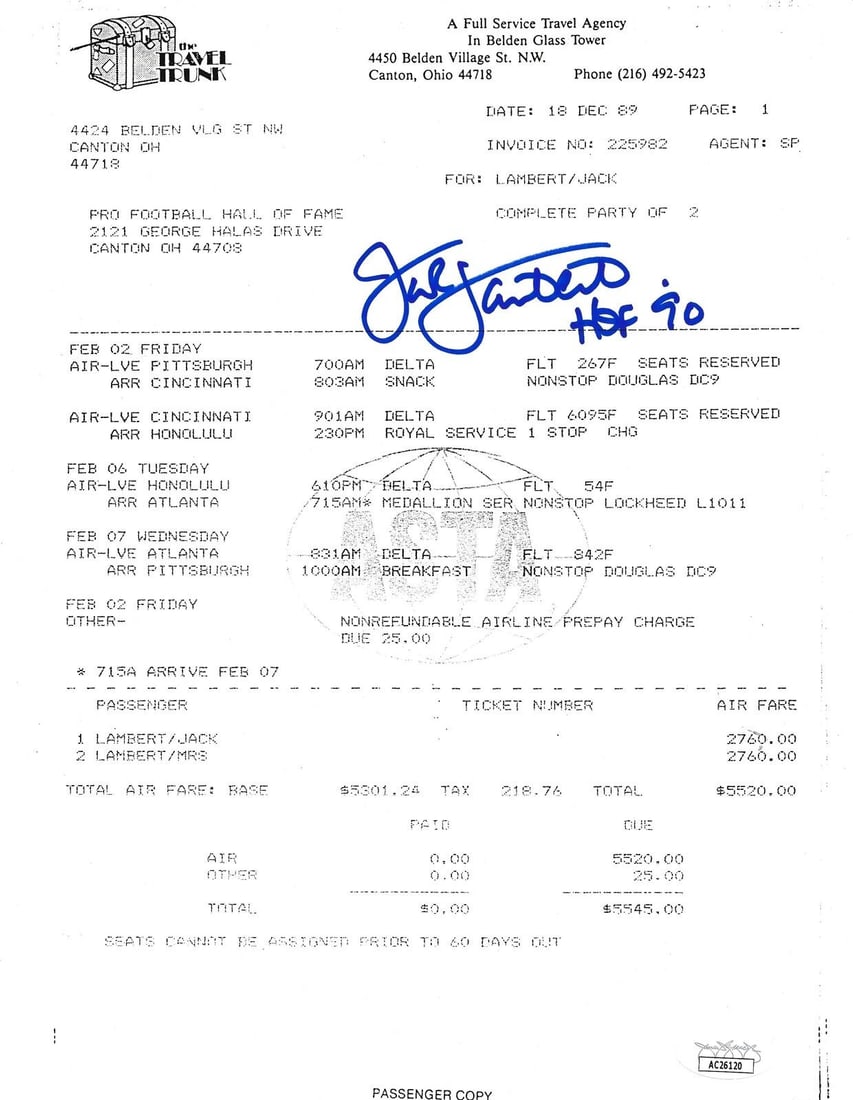 JSA Jack Lambert HOF Autographed Flight Schedule Pittsburgh Steelers (1 of 3)