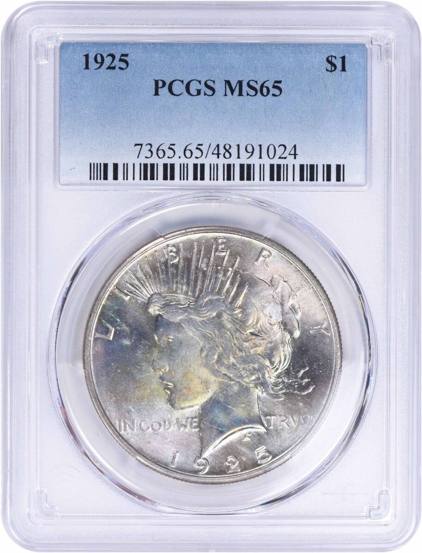 PCGS 1925 Peace Silver Dollar MS65 Toned: PCGS 1925 Peace Silver Dollar MS65 Toned This listing features PCGS 1925 Peace Silver Dollar MS65 Toned. Item specifics are provided below. Item Specifics: Country Of Origin: United States Certificati