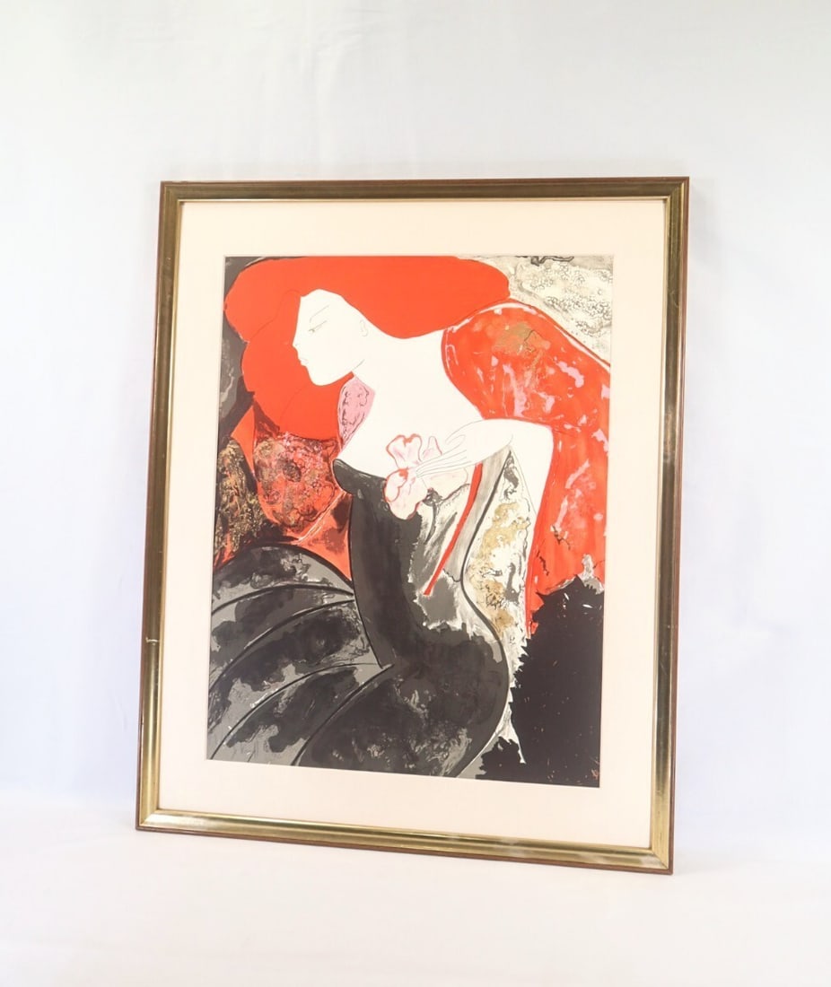 ED200 Linda Le Kinff Lady with Black Cat 1980 Original Lithograph Hand Signed (1 of 10)