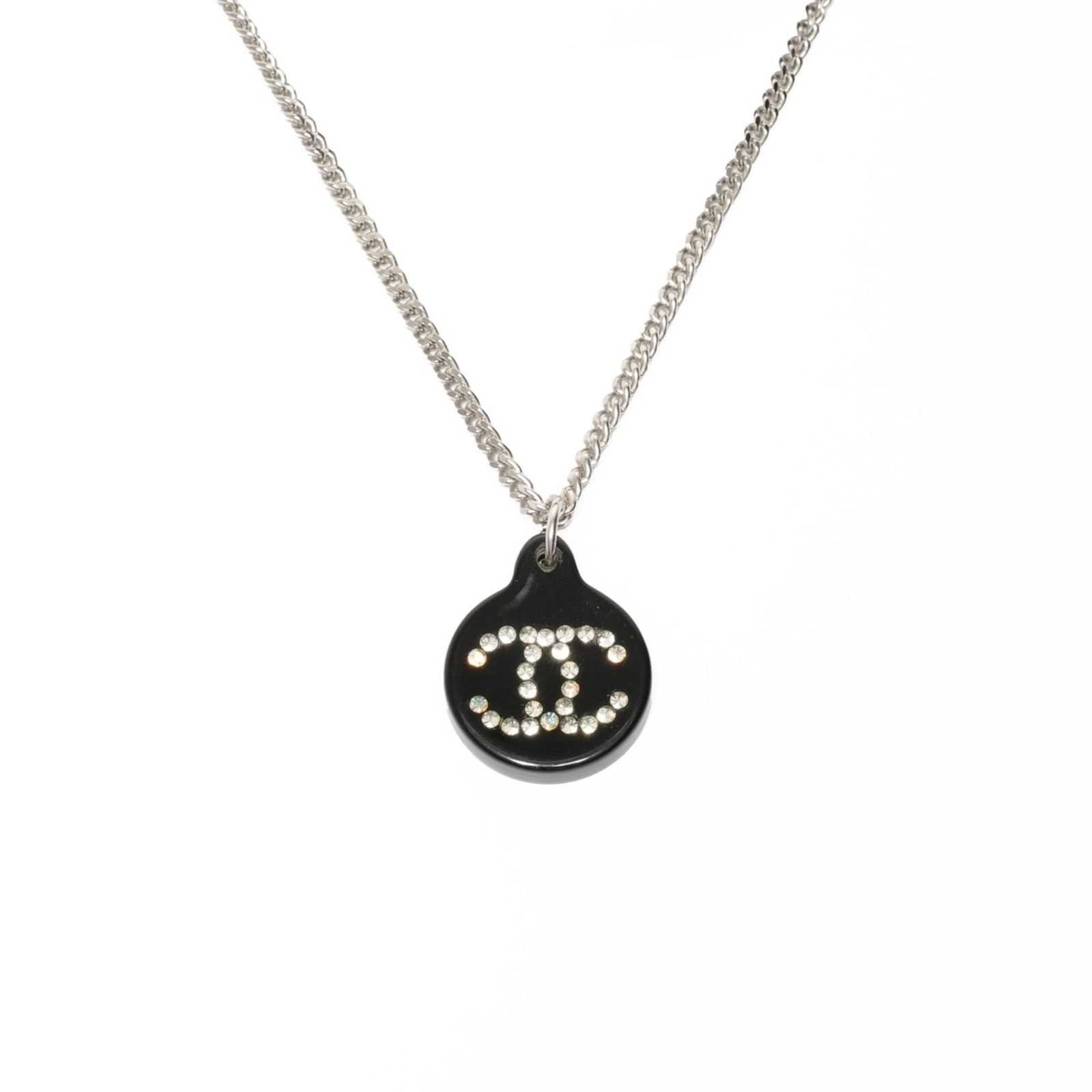 Silver CHANEL 03A 2003 Coco Mark Black Circle Rhinestone Necklace in (1 of 8)