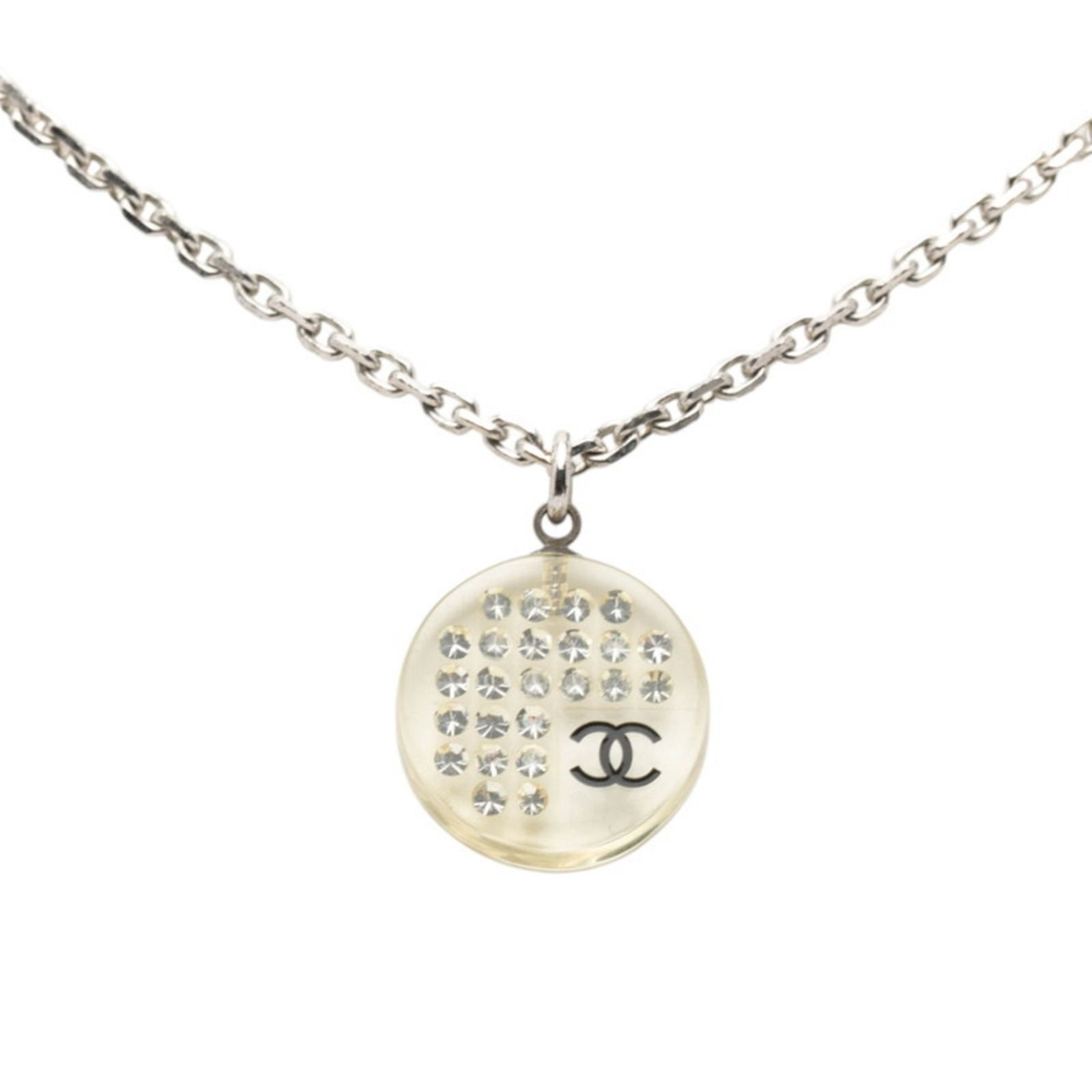 Women Chanel Coco Mark Necklace in Silver with Clear Metal and Plastic Rhinestones for: Women Chanel Coco Mark Necklace in Silver with Clear Metal and Plastic Rhinestones for This listing features Women Chanel Coco Mark Necklace in Silver with Clear Metal and Plastic Rhinestones for.